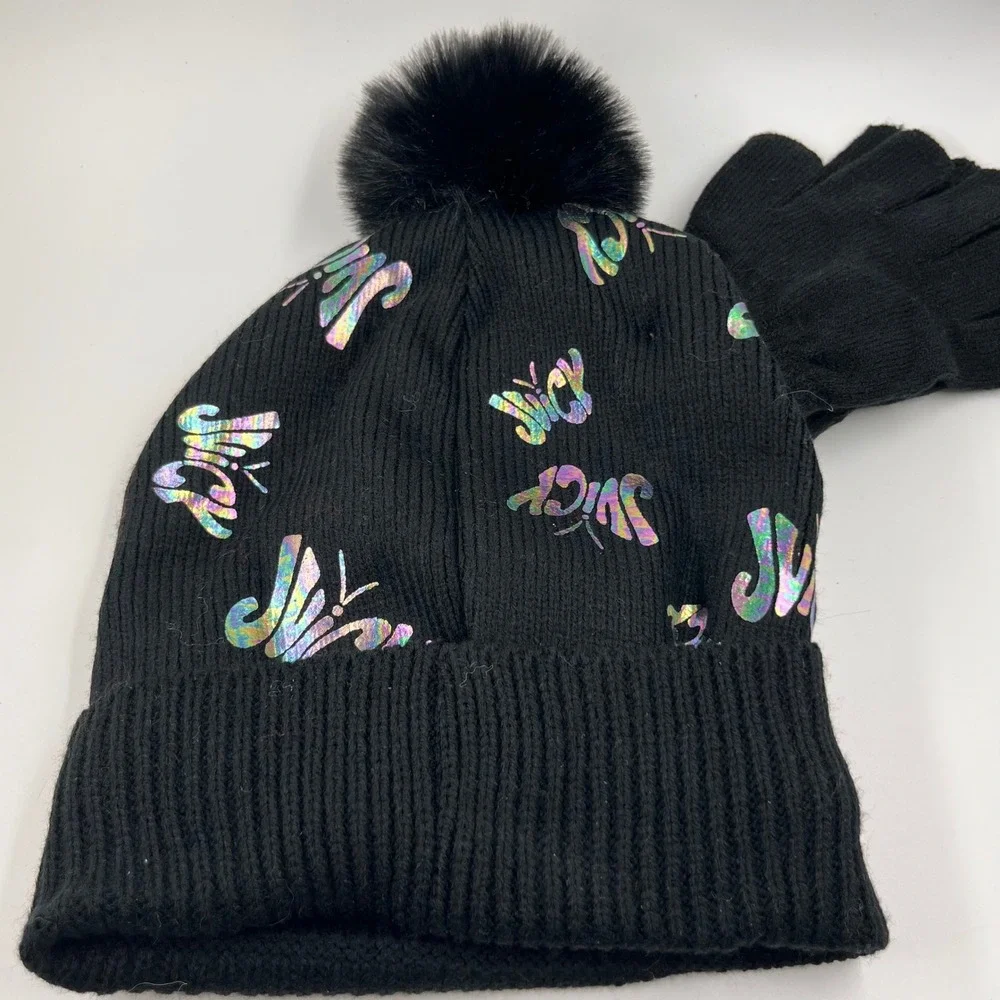 Juicy Couture Kids Black Butterfly Logo Beanie‎ and Gloves Set New